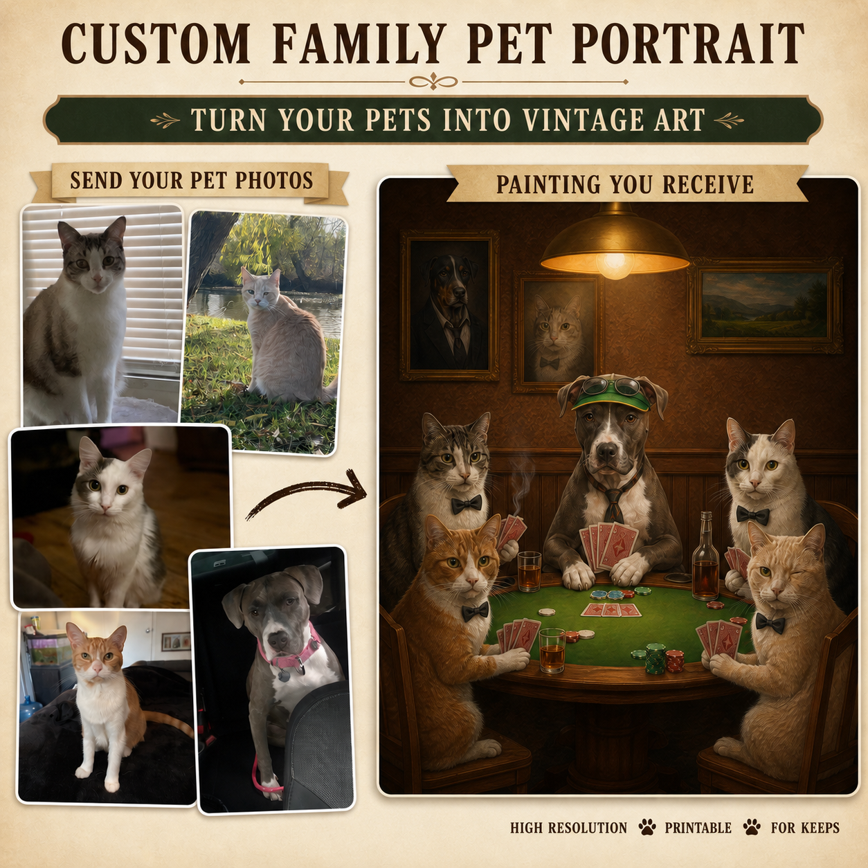 Customer pet photos transformed into a vintage cats and dog poker-table portrait